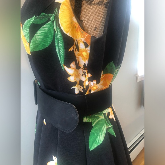 NY&CO EVA MENDES BOATNECK BELT WAIST BLACK ORANGE FLORAL CITRUS FRUIT MIDI DRESS - Picture 4 of 6